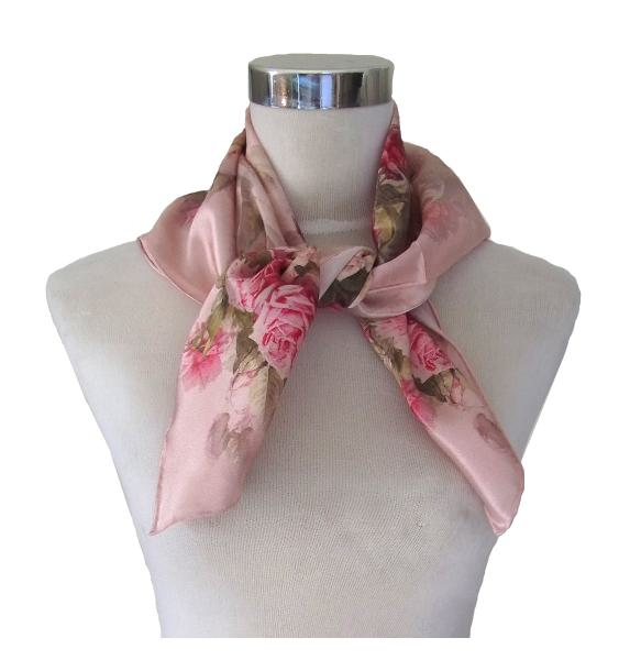 Foulard Shawl Silk Satin Flower Rose Red Lila